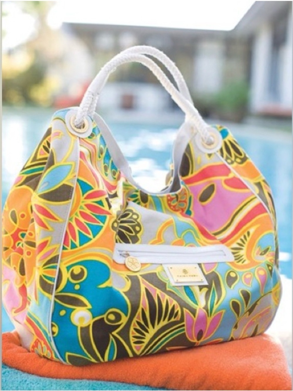 Trina Turk Hobo Tote Bag Multicolor Floral Canvas Gold Logo Beach Pool Vacay